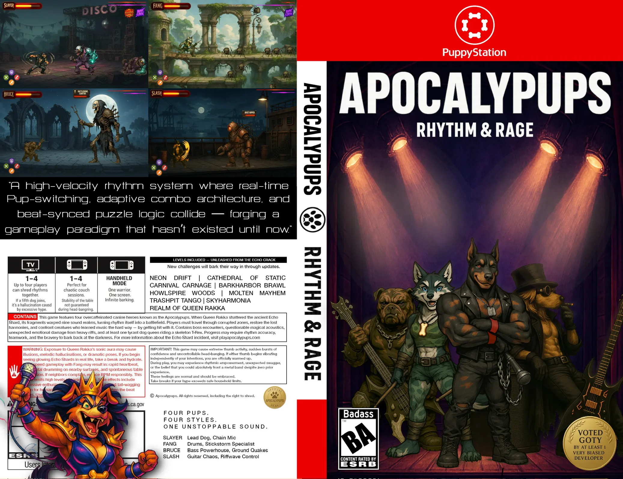 Full Apocalypups Rhythm & Rage packaging — front, spine, and back cover