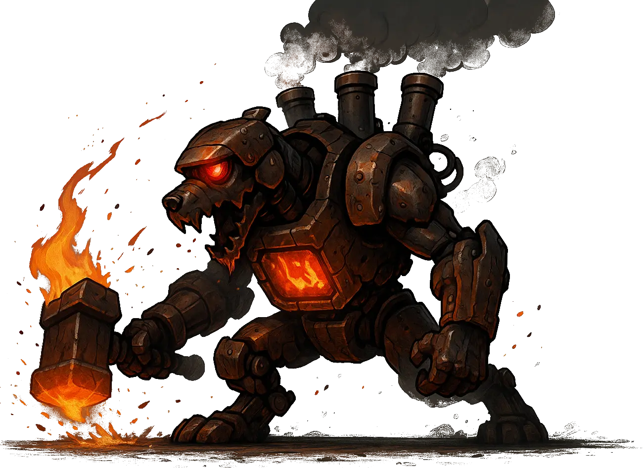 Cinderhound — furnace wolf boss with flaming hammer