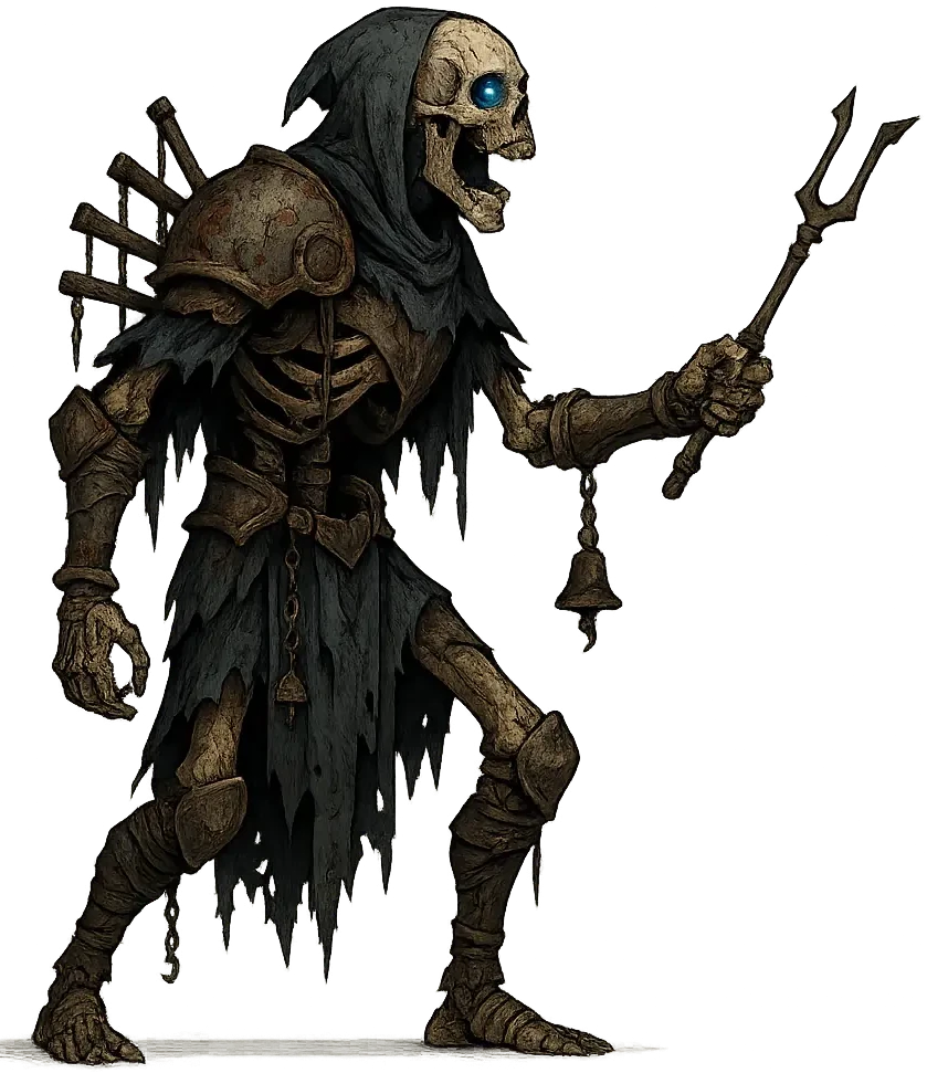 Resonant — skeletal bellkeeper with tuning-fork staff