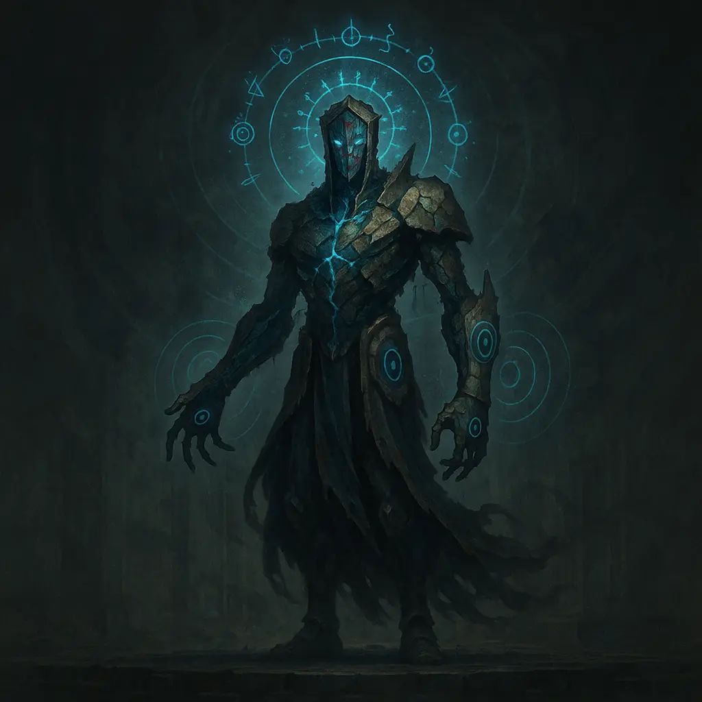 Nullmantle — hooded rune armor boss with cyan sigils
