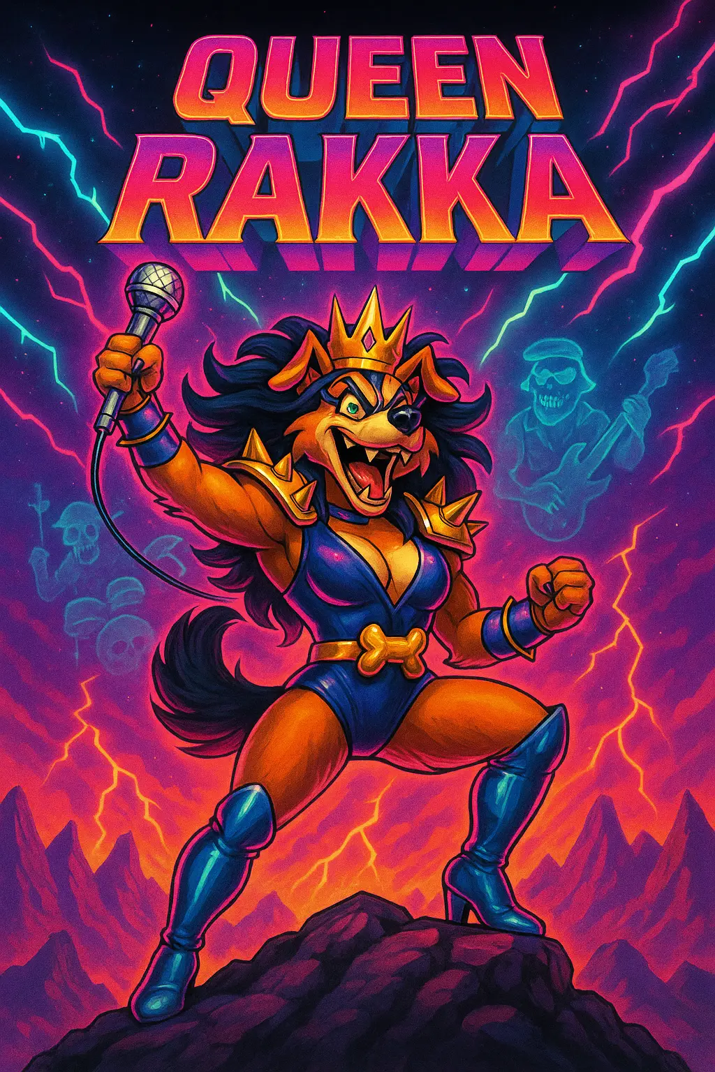 Queen Rakka — final boss standing on a rock with microphone under lightning